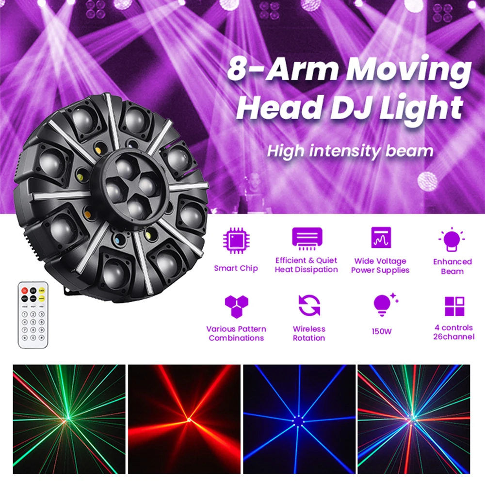 150W LED Beam Moving Head Light 8-Arm Disco Party Lights DMX512 DJ Equipment Rotating Stage Effect For Nightclub Event Wedding