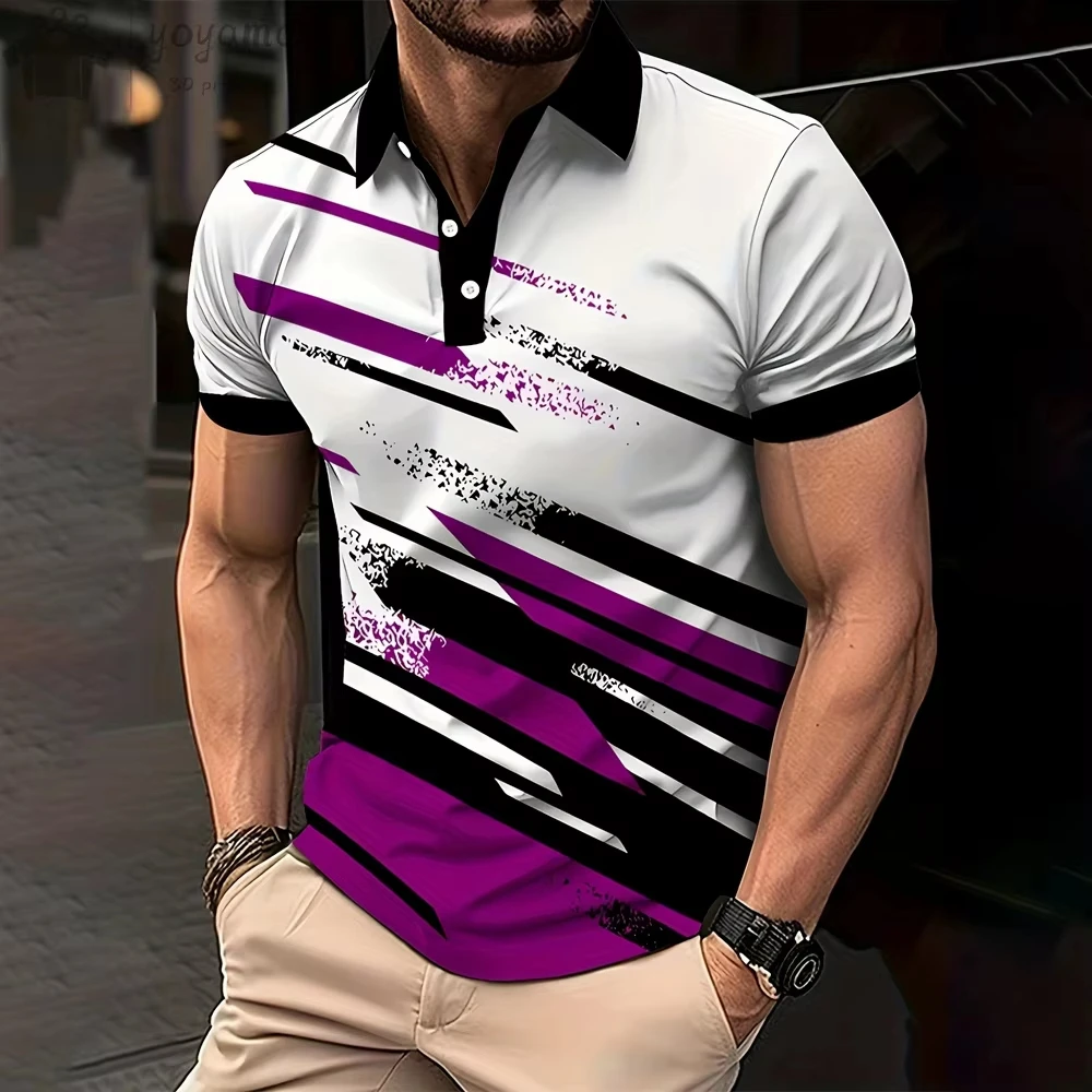 

Fashion Mens Polo Shirts Gradient Line Summer Simple Pattern Print Short Sleeve Tee Casual Tops Striped T Shirt for Man Clothing