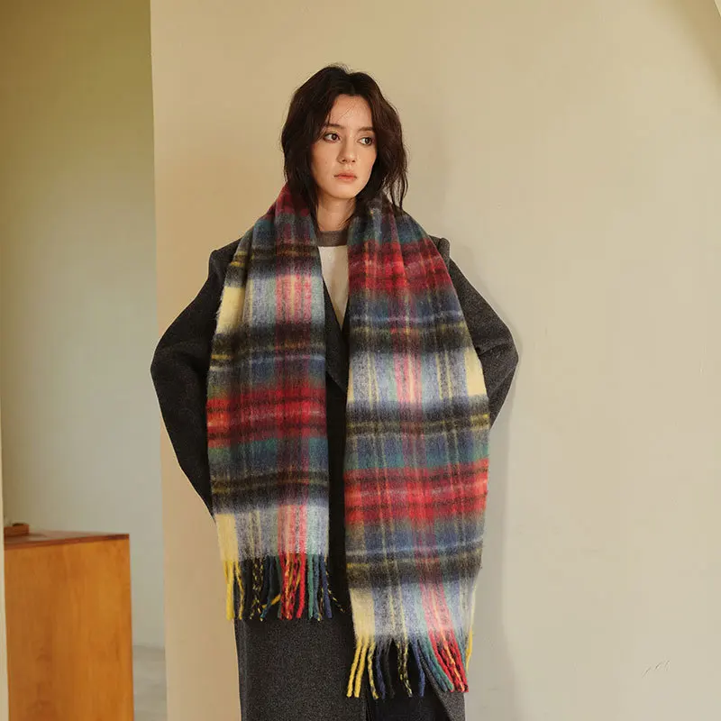 British Classic Vintage Color Matching Plaid Contrast Scarf Women's Winter Wool Blended Plaid Soft Scarf Cold-proof Shawl