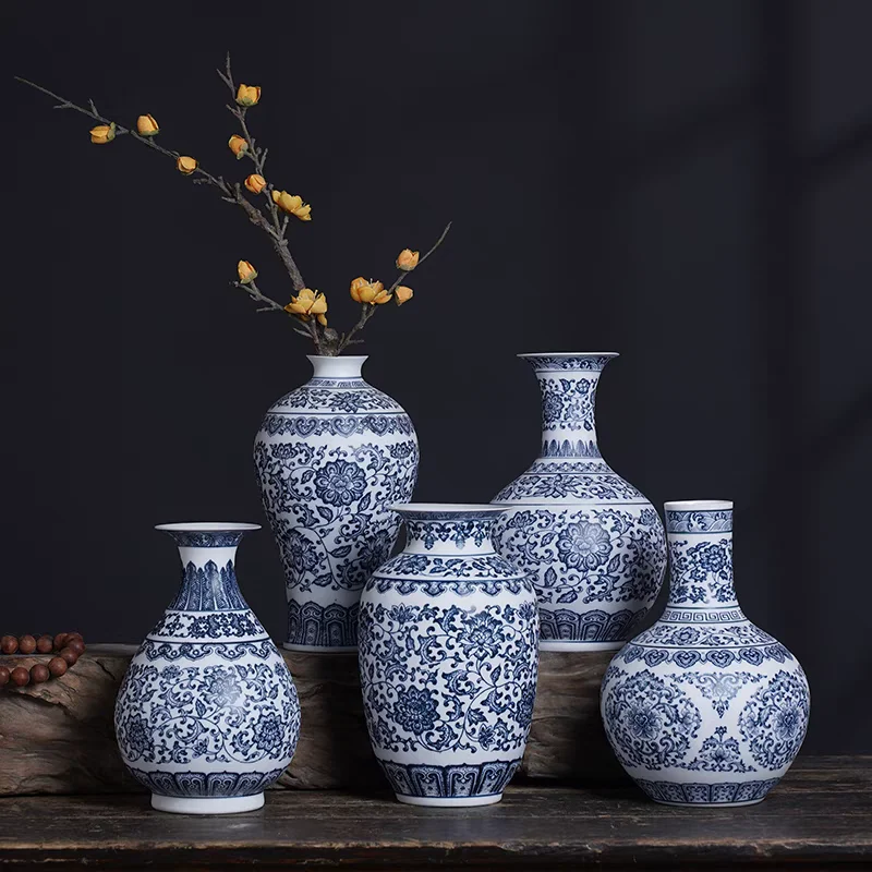 Florero Jingdezhen, jarrones de flores de porcelana Bodied finos azules y blancos, estante para el hogar, dormitorio, sala de estar, florero de adornos de mesa de cerámica