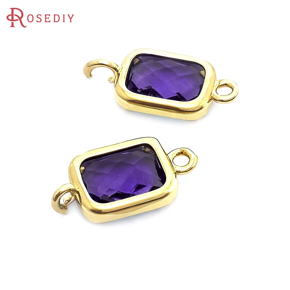 10PCS 6x8MM 18K Gold Color Brass and Glass 2 Holes Rectangle Connect Charms Pendants Jewelry High Quality Diy Accessories