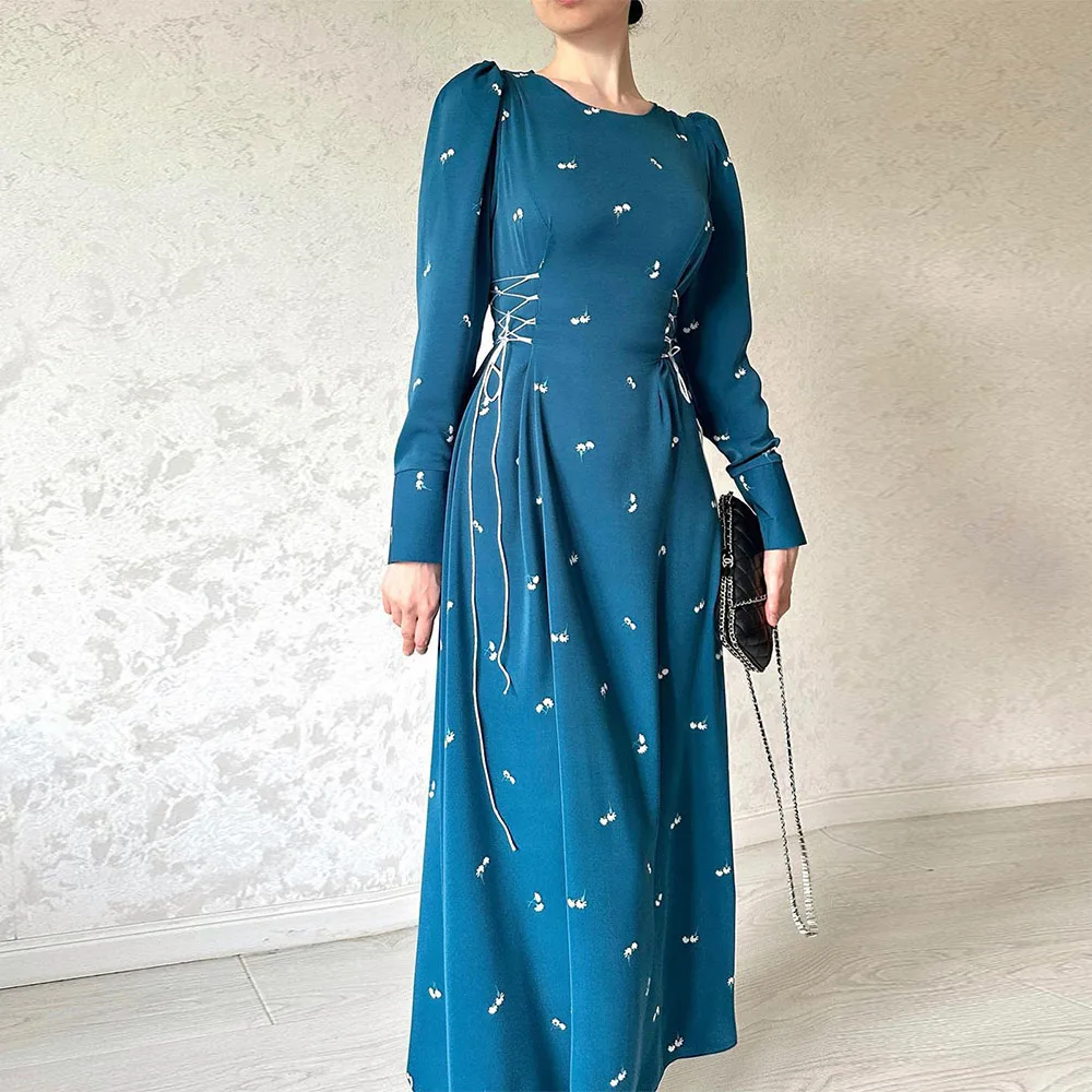 Printed Bandage Elegant Maxi Dress For Women Slim Patchwork Lace-Up Long Sleeve Fashion Dress Female Contrast Long Dress