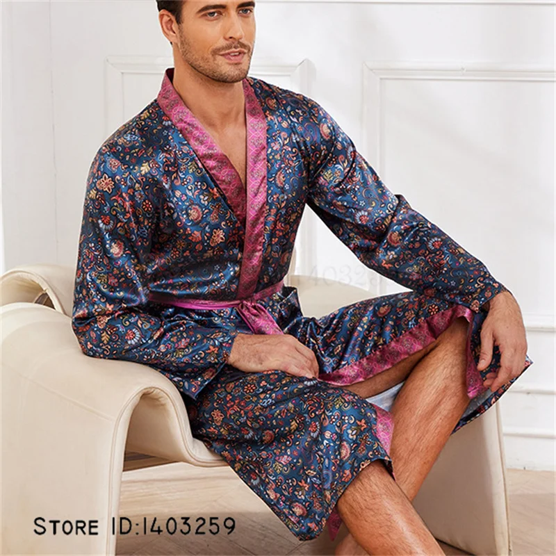 

Men Robe Sleepwear Navy Blue Print Kimono Bathrobe Gown with Belt Loose Casual Satin Homewear Loungewear Spring Summer Nightwear
