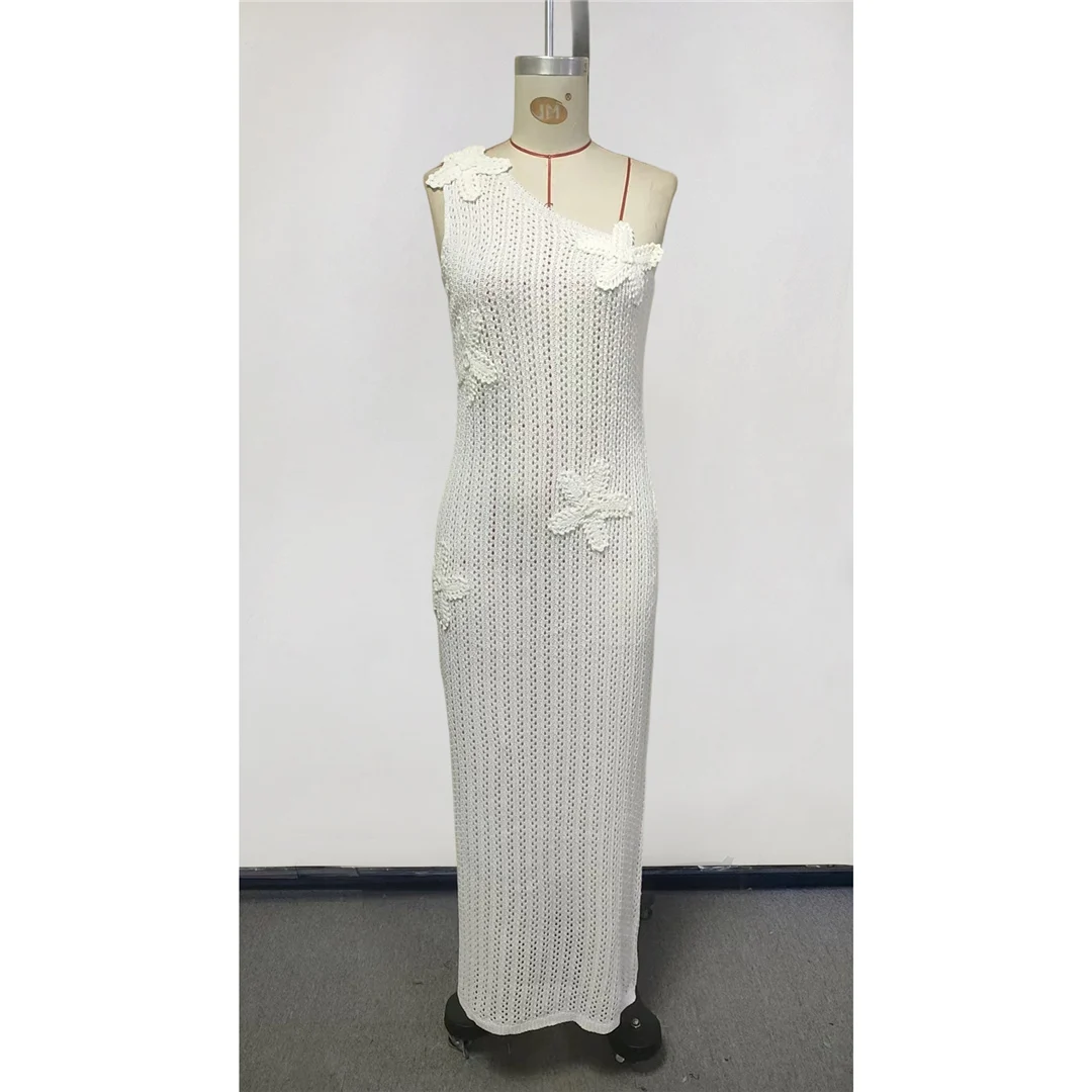 3D-Blumen, einseitiger Schnitt, einfarbig, gehäkelt, gestricktes Tunika-Oberteil, Strandkleid, Strandbekleidung, Damen, V8294 – Detail 6