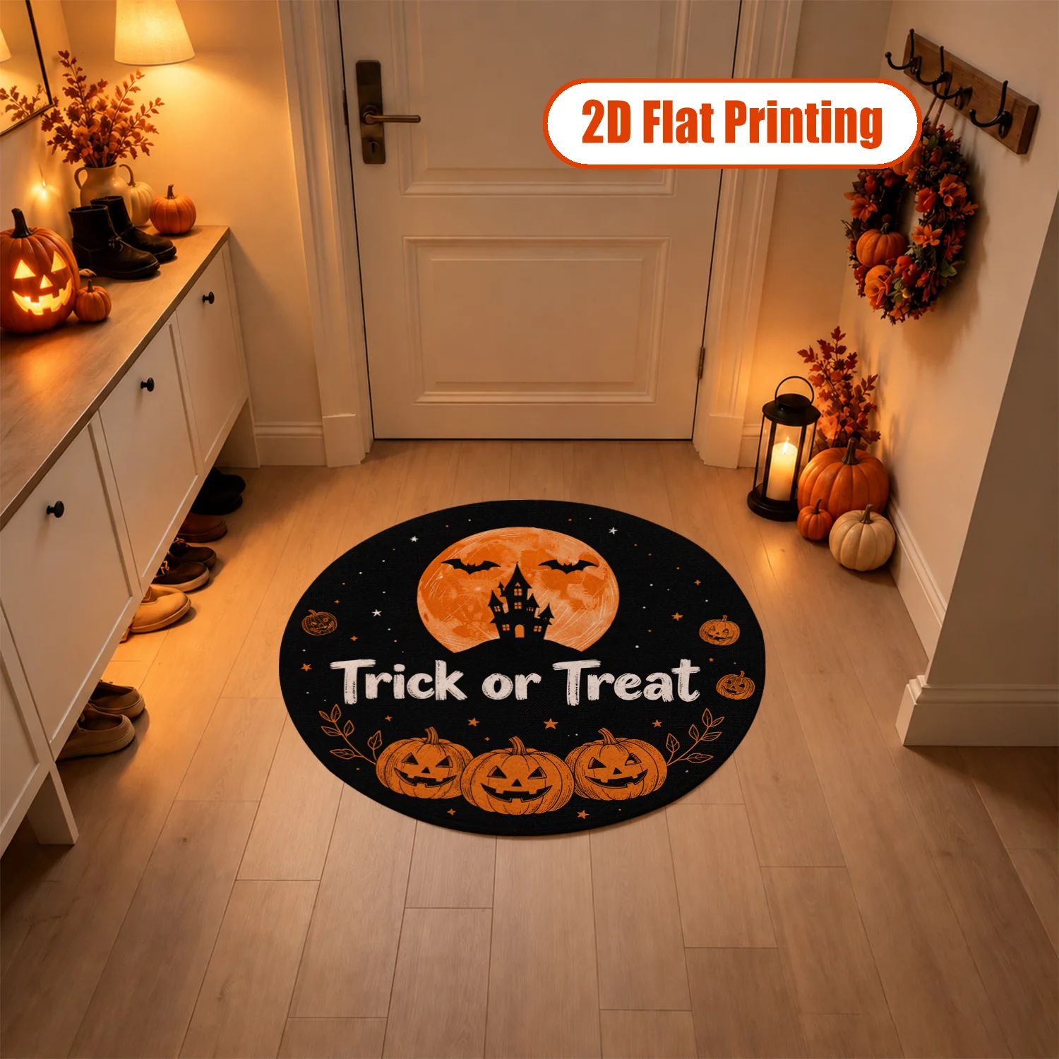 Halloween Pumpkin Haunted Castle Bat Design Round Velvet Rug, Machine Washable, Ideal for Living Room, Bedroom, Entryway, Perfect for Halloween, Thanksgiving, Christmas, New Year, Great for Black Friday, Cyber Monday Home Decor
