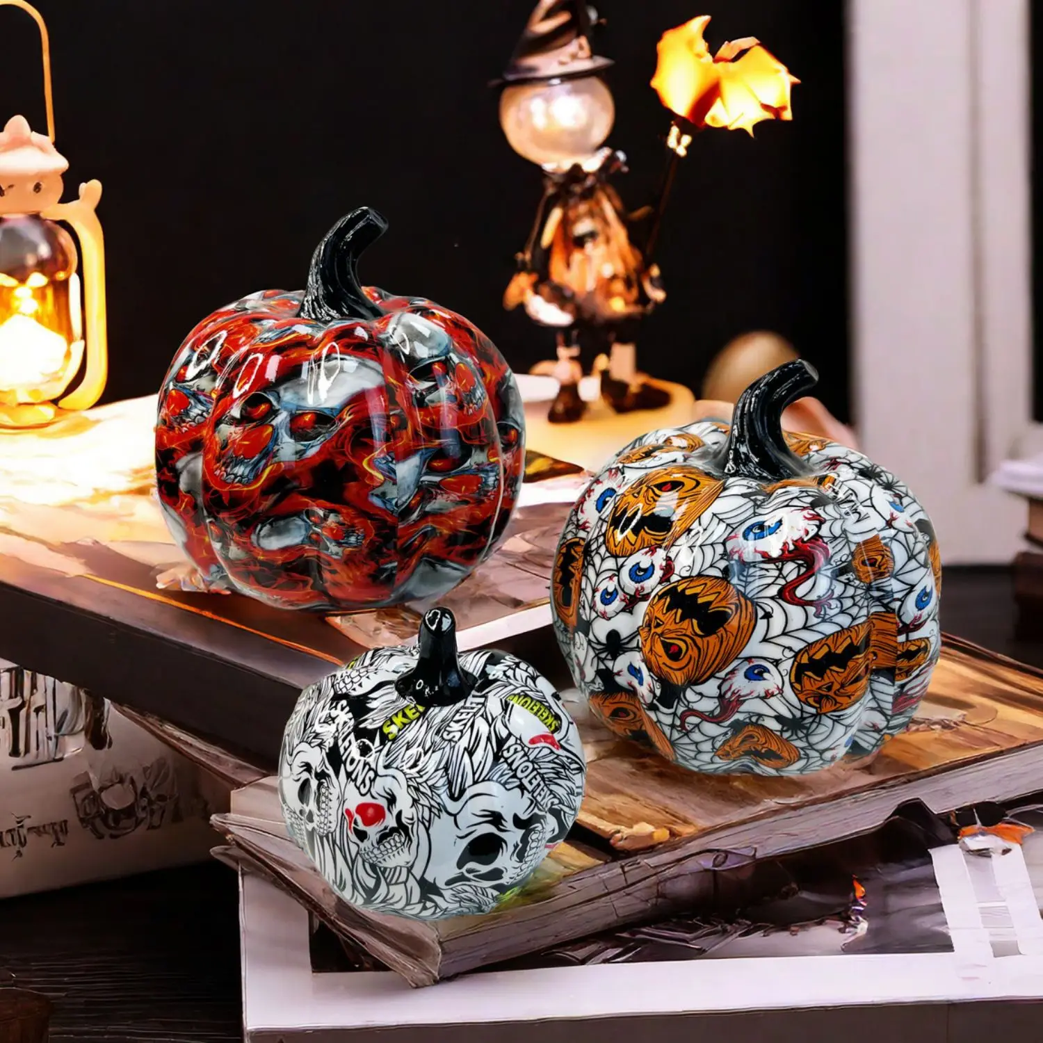 Halloween Decoration Creative Graffiti Pumpkin Statue Terrifying Ghost Pattern Jack-O-Lantern Home Garden Party Desktop Ornament