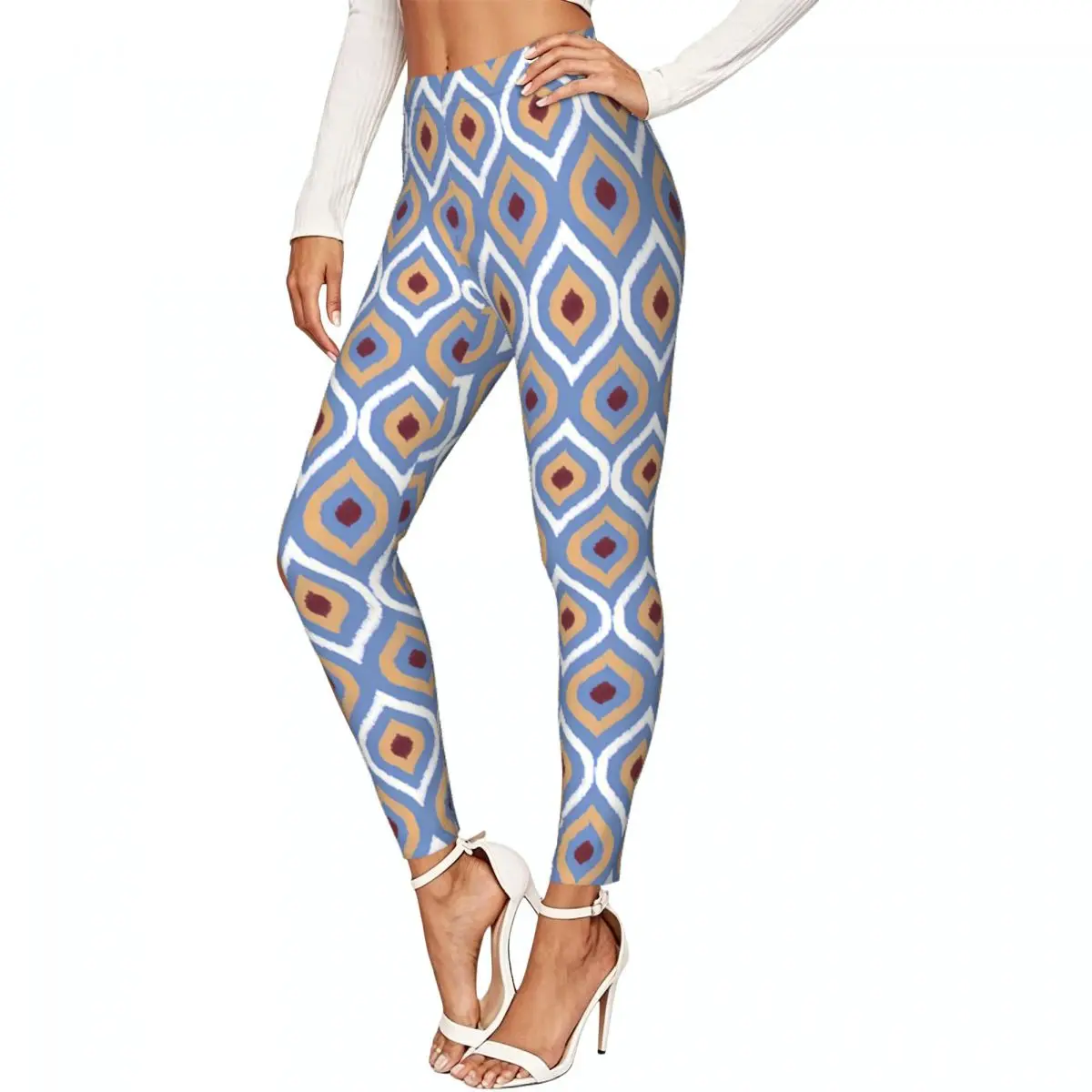 Ladies Elastic Waist Skinny Leggings Uzbek Ikat Traditional Print Trousers For Daily Outdoor