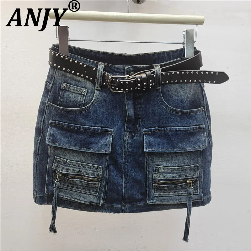 

ANJY Summer Women Fashion Streetwear Hot Girl Versatile High Waist Slimming A-line Skirt Zipper Pocket Denim Short Skirts A10431