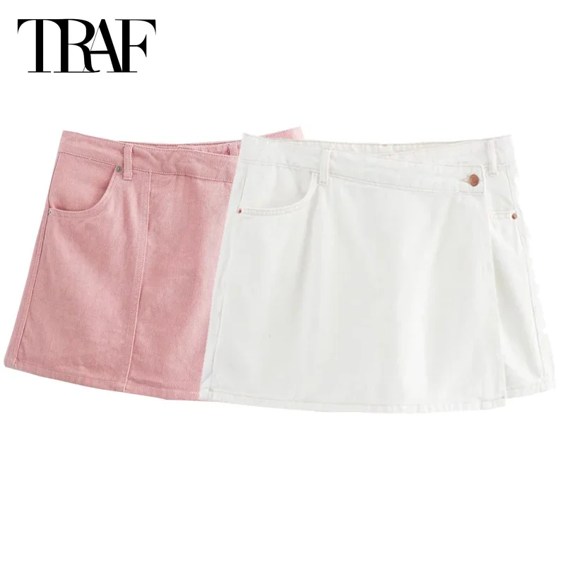 

TRAF Women's Mini Wrap Shorts Skirt Summer 2024 Asymmetric Denim Culottes Lady Pink White High Waist Short Skirt Fashion Culotte