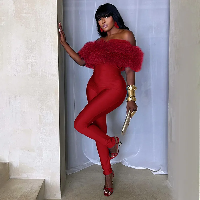 

Faux Fur Patchwork Shiny Jumpsuits Women Elegant Sexy Slash Neck Off Shoulder Backless Booty Lifting Skinny Casual Overalls