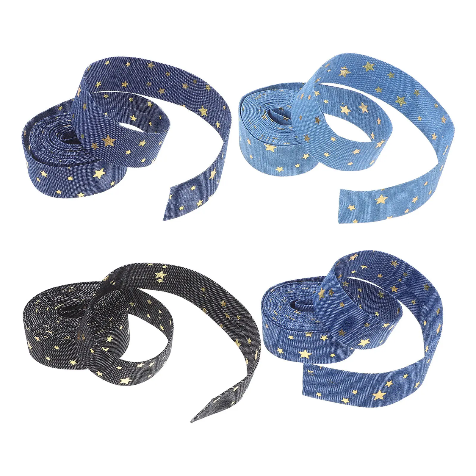 4 Rolls Denim Ribbon Star Print Gold Foil Stylish Fabric for Handmade Crafts Sewing Gift Wrapping Clothes Accessories Western
