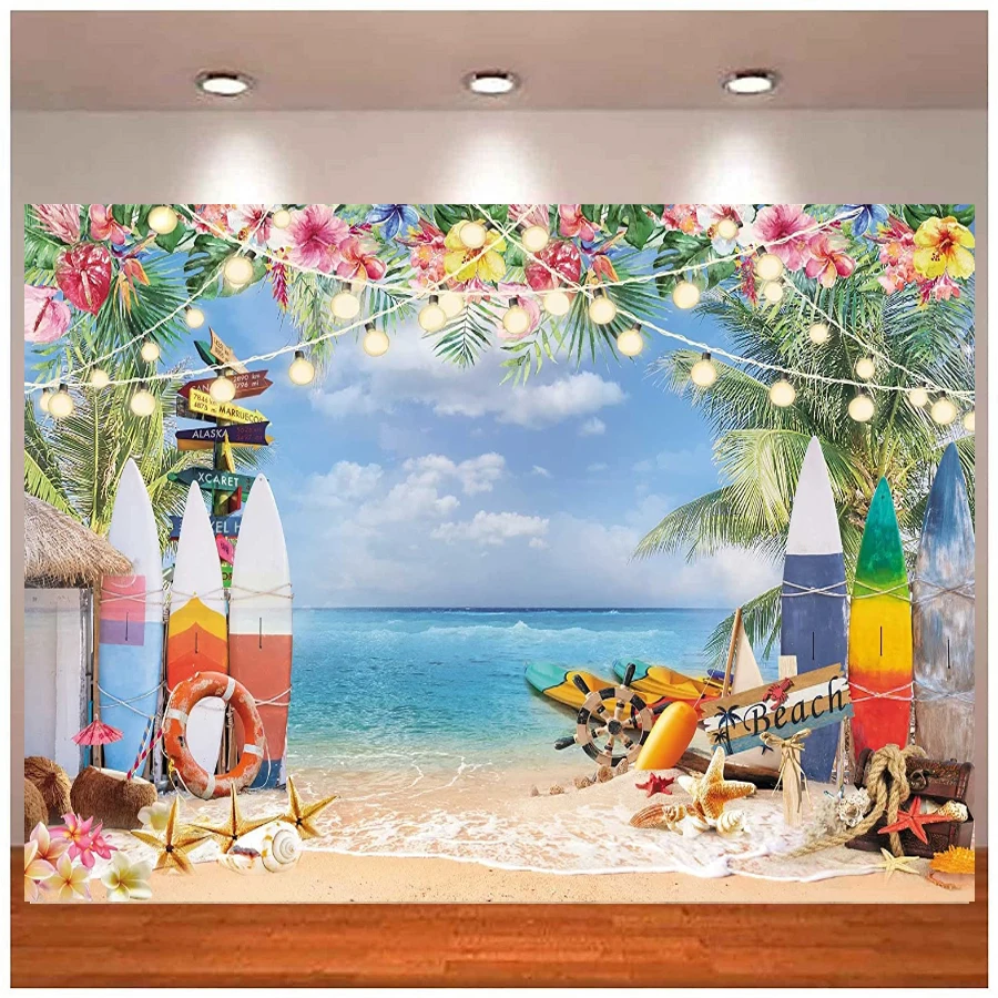 

Summer Beach Hawaiian Photography Backdrop Flamingo Tropical Luau Background Tiki Ocean Sunshine Floral Palm Leaf Party Decor