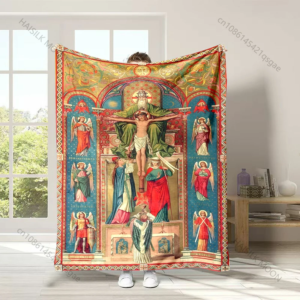 1PC Religious figures and angels painting Faith-printed Flannel Blanket Soft Warm Suitable for Home Travel Picnics Camping RV