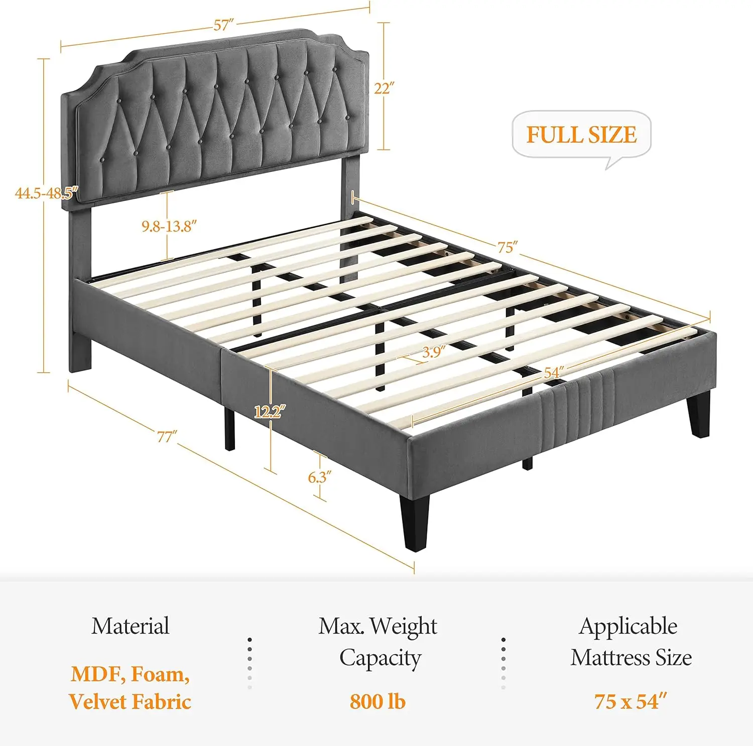 Bed Frame Velvet Upholstered Platform Bed, Height-Adjustable Headboard/Noise-Free/Wooden Slats Support/No Box Spring