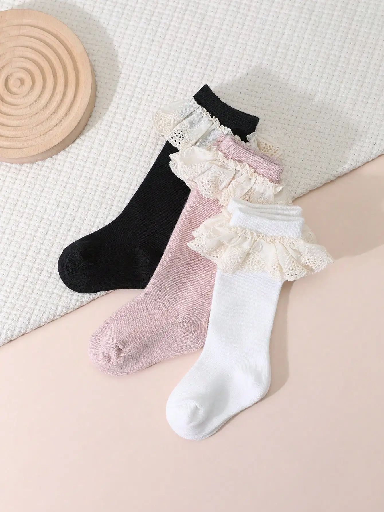 3Pairs Toddler Girls Lace Ruffle Knee High Socks 0-3Y 97% Viscose 3% Spandex Soft Breathable Baby Socks for Casual Daily Wear