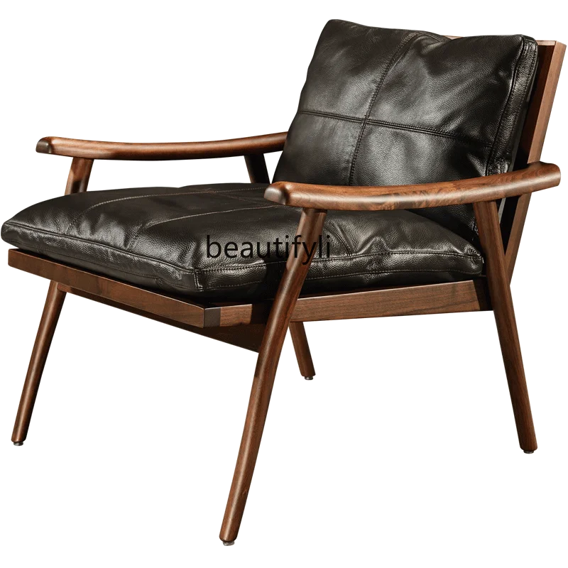 

Black Walnut Wood Lounge Chair Nordic Couch Light Luxury Designer Balcony Armchair Solid Wood Leather Lazy Bone Chair furniture