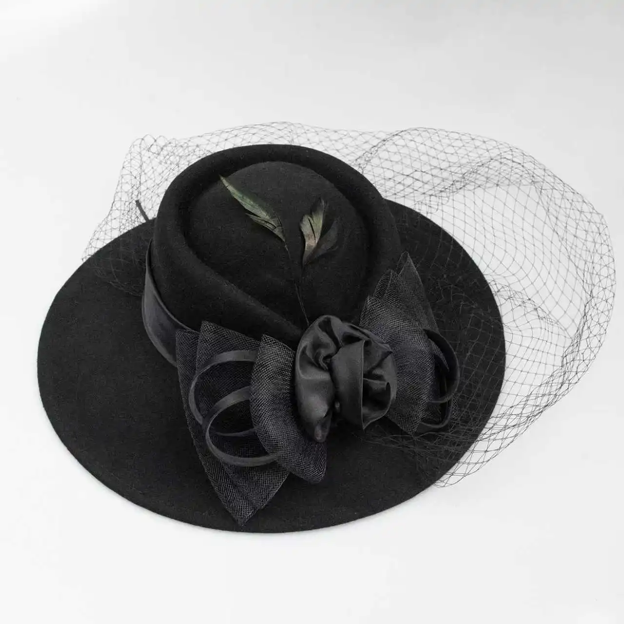 Large Felt Wide Brim Hat with Veil, Wool Bucket Bow Hat, Winter Fedoras Warm Funeral Banquet Outdoor Hat for Women Ladies