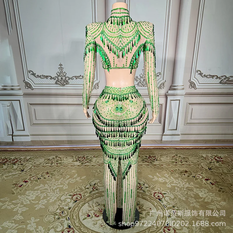 Verde Bianco Temperamento Moda Due pezzi Azienda Riunione annuale Cerimonia di premi Abito da sera Abito da canto per palcoscenico di gruppo da donna