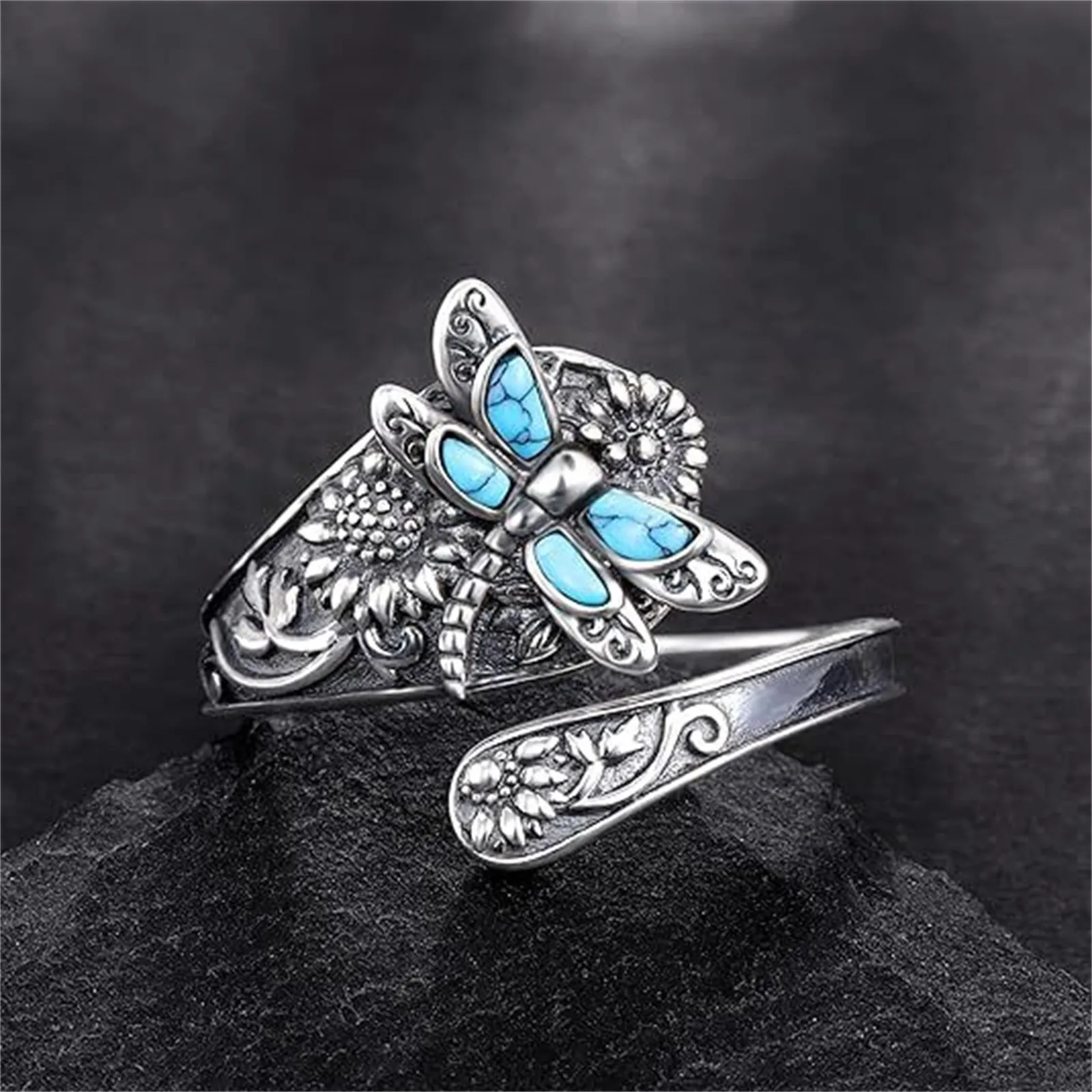 Vintage Personalized Bohem I An Turquoise D R A G On Fly Sunflower Women's Wrap Ring Unique Design Creative Index Finger Ring