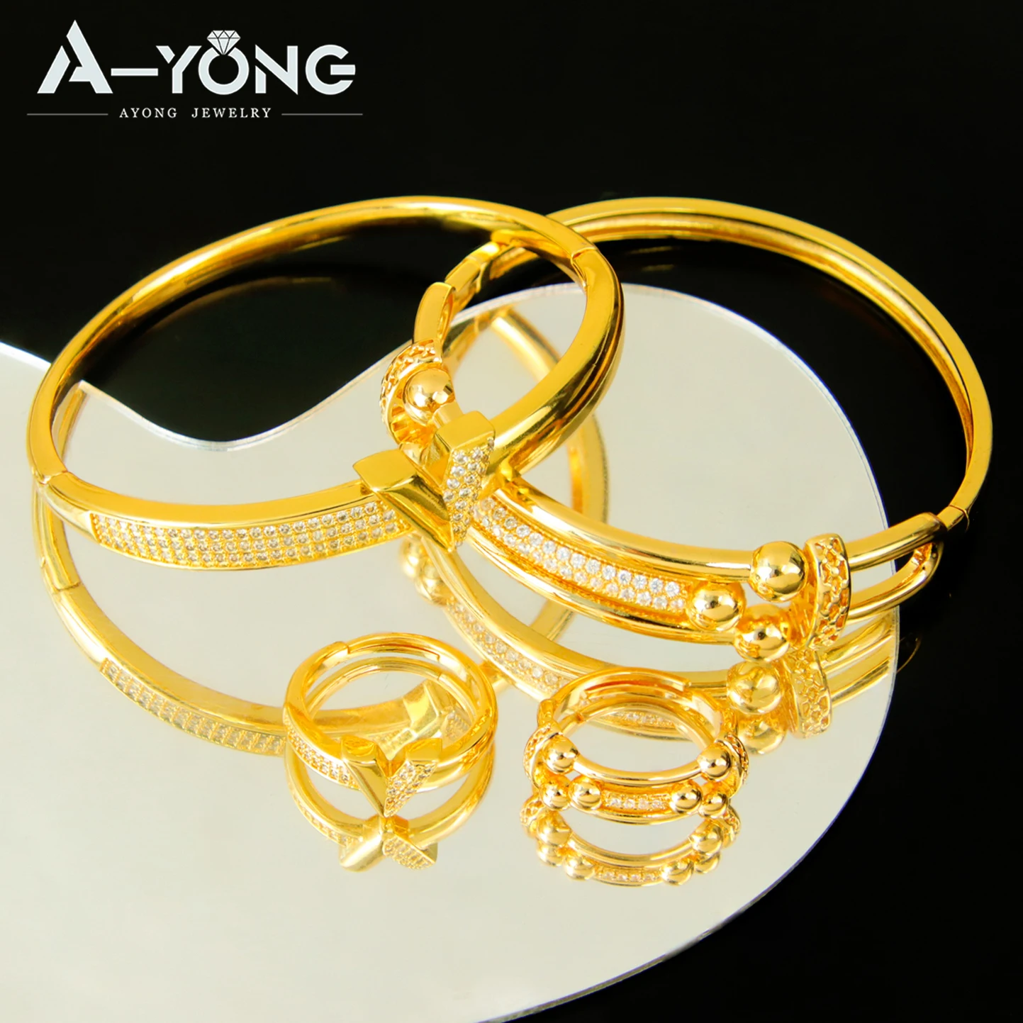 Dubai Brautschmuck-Set, 24 Karat vergoldet, italienische geometrische Zirkonia-Armreifen und -Ringe, Habesha-Schmuck für Damen, Event- und Party-Schmuck – Detail 3
