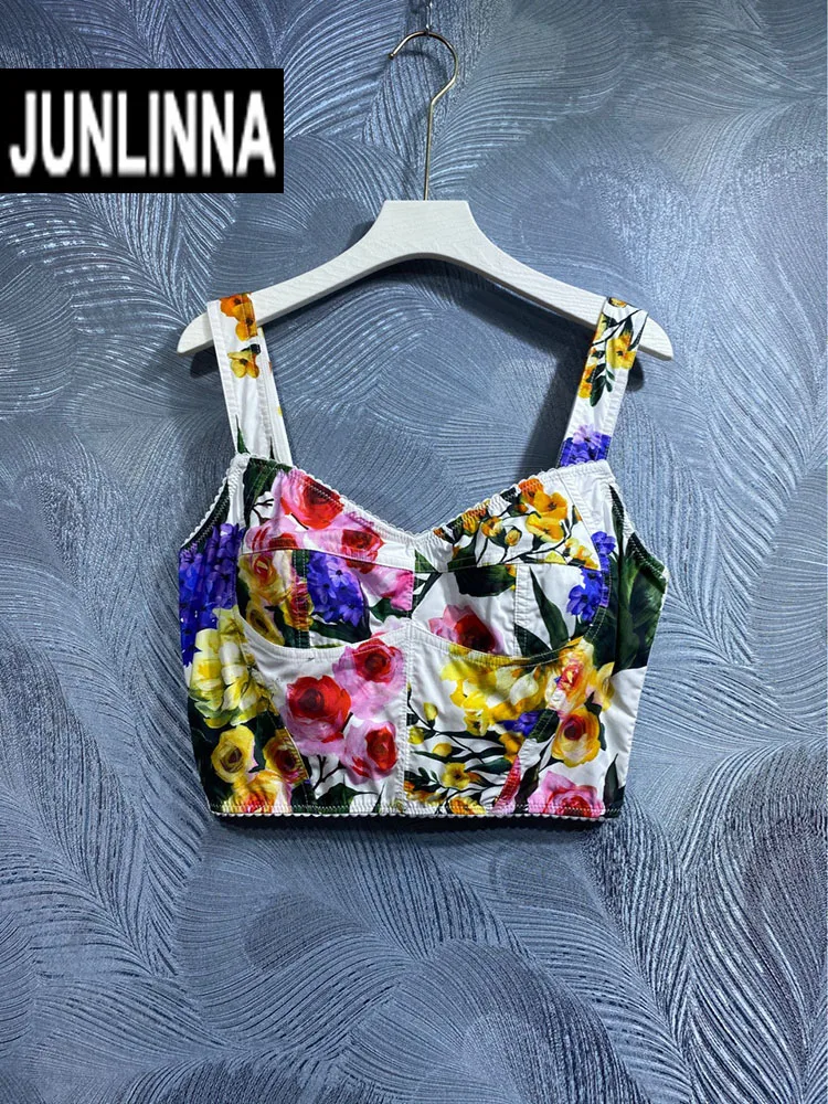 

JUNLINNA Summer Holiday Women Beach Camisole 100% Cotton Printing Flower Spaghetti Strap Street Laptops