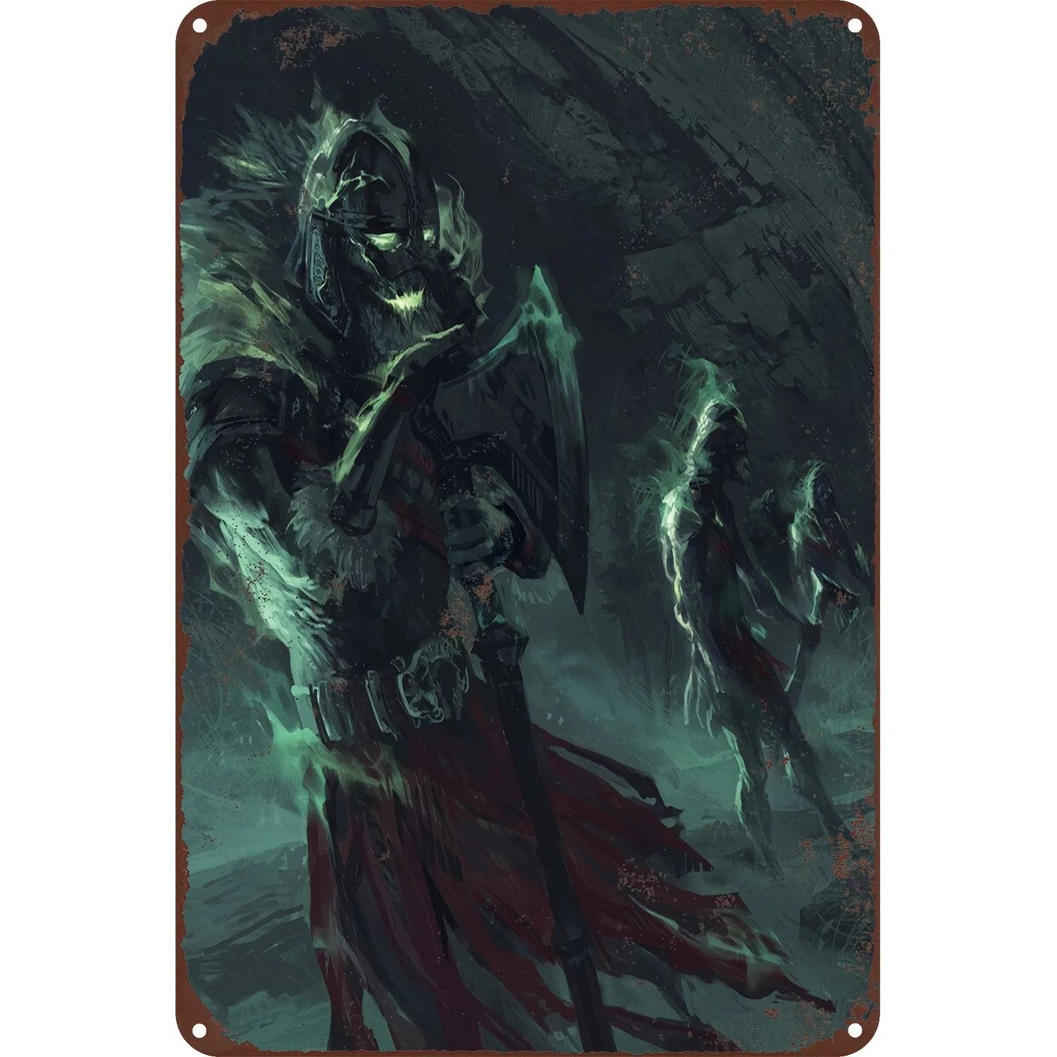 Fantasy Iron Metal Tin Sign -  Dark Gothic Wall Art with Undead Soldiers,Glowing Green Flames, Perfect for Home, Office, Cafe, o