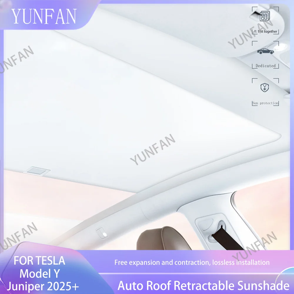For New Tesla Model Y Juniper 2025+ Roof Shade Scroll Original Sun Visor Pleated Sunscreen Retratable Sunshade