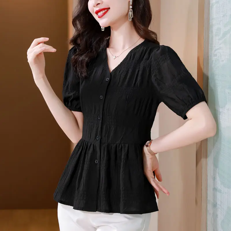 Simplicity Office Lady Summer Women\'s V-Neck Solid Pleated Corset Single Breasted Fashion Elegant Loose Short Sleeve Shirts Tops