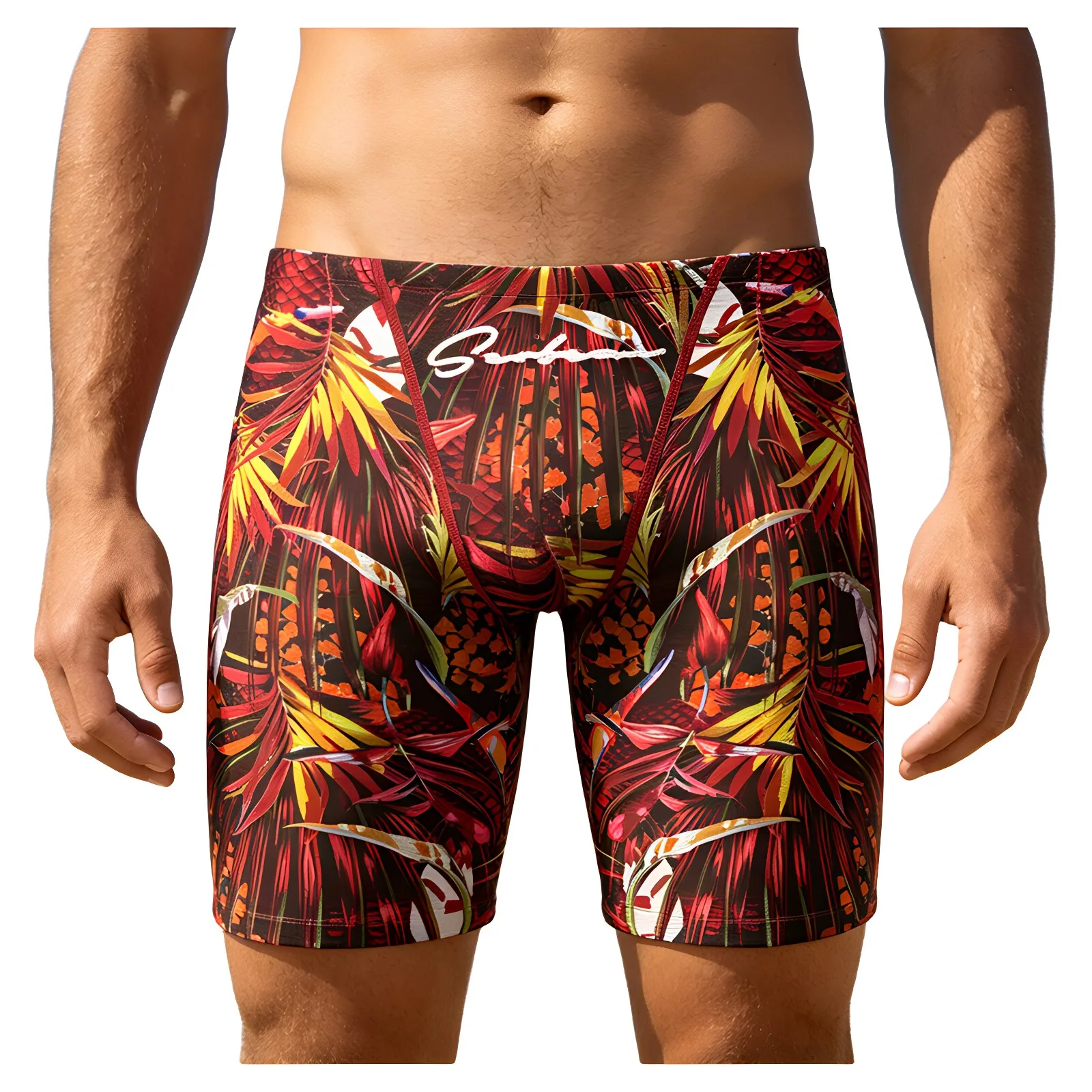 SEOBEAN Men's Tropical Jungle Print Board Shorts Long Leg Swim Trunks Beach Swimwear Boxers