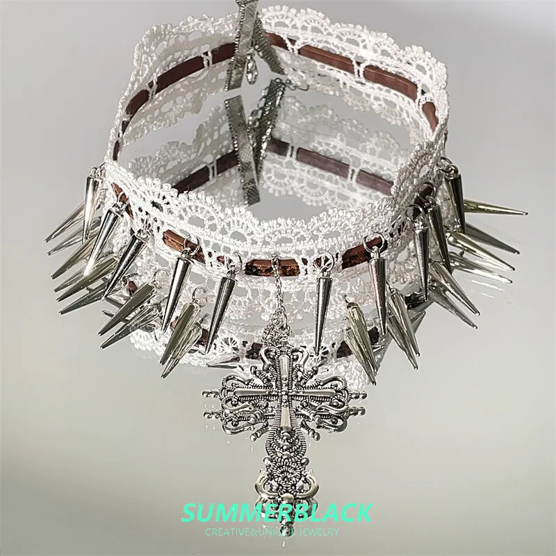 Gothic White Lace Rivet Cross Tassel Necklace Female Niche Personality Spice Girl Collarbone Chain Accessories