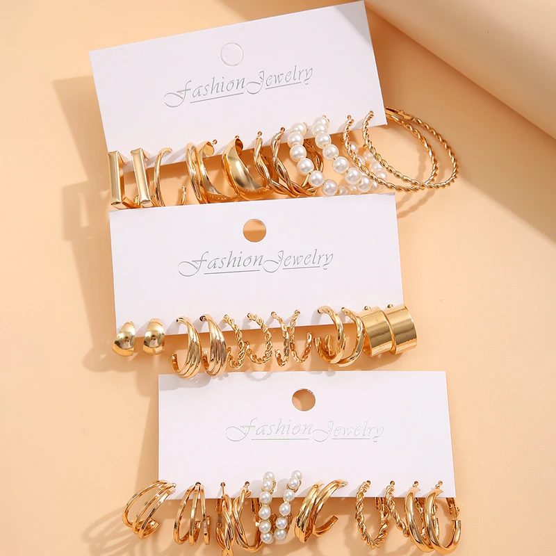 18Pcs Of Suit Women Earrings C Shaped Geometric Fake-pearl Metal Earrings Atmospheric Queuing Alloy Of Gold-color image 4