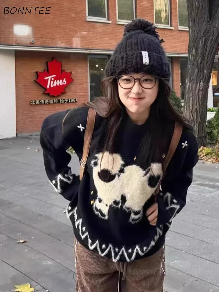 

Fluffy O-neck Pullovers Women Cartoon Sweet Gentle Soft Knitted Sweater Warm Ulzzang Lazy Style All-match Autumn Winter Jumper