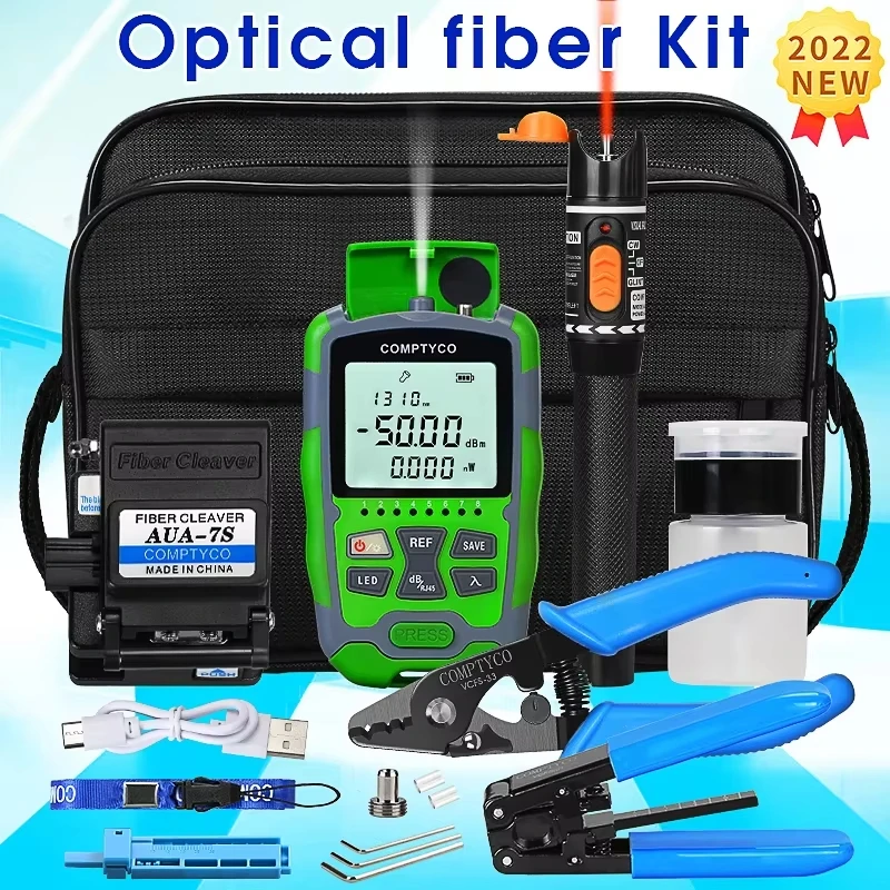 AUA-MC5 FTTH Fiber Optic Tool Kit with -50~+26dBm 3 in 1 Mini Optical Power Meter Visual Fault Locator 10mw AUA-7S Fiber Cleaver