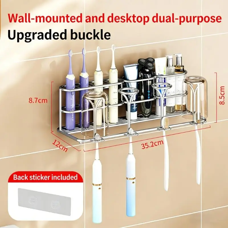 

MultiFunctional Stainless Steel Storage Rack for Holding Toothbrush Razors Mouthwash Cup Bathroom Countertop Accessory B03E
