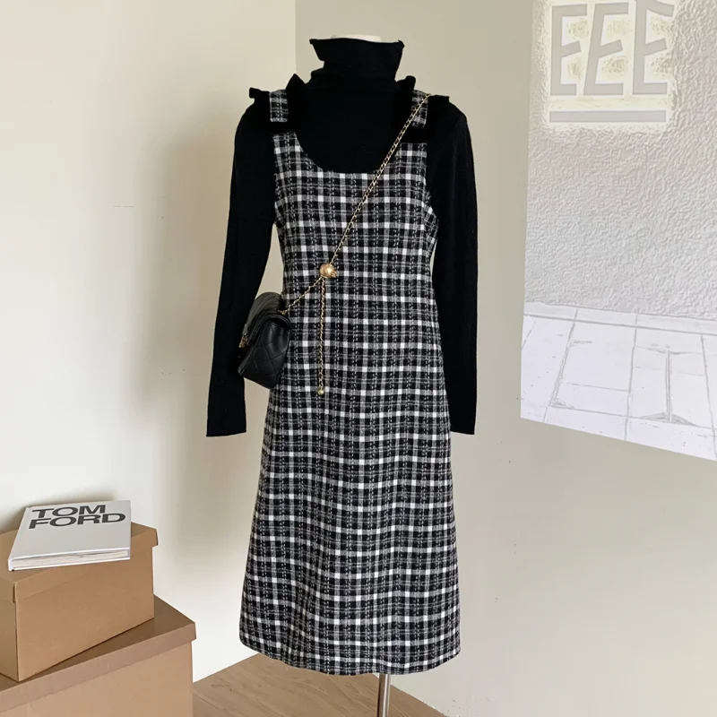 Autumn Korean Vintage Vest Sling Plaid Dress+ Bottoming Coat 2 Piece Set Elegant Sweet Korea Fashion Two-piece Women Dress Suit