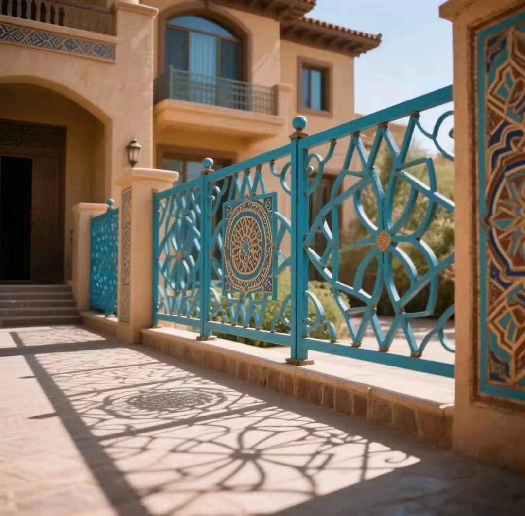 

cj-High Quality Modern Wrought Iron Fence Panels with 12mm Tempered Glass Custom Color for Office Buildings@