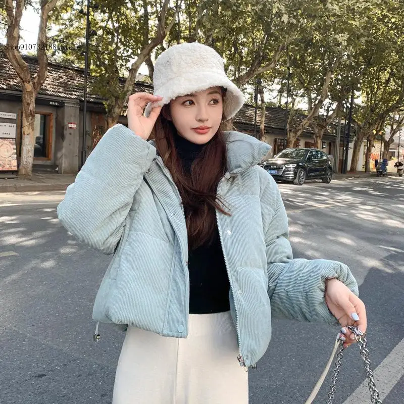 

New Women Cozy Corduroy Short Cotton Jacket Coat Niche High Waisted Thickened Winter Outerwear with Pure Color Design