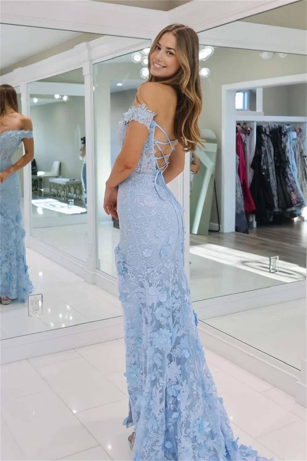 Tule fora do ombro Strapless Mermaid Prom Dresses, 3D Floral Lace Appliques, espartilho puro, vestidos de noite, vestidos de baile sem mangas