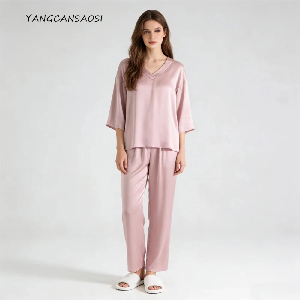 

20MM 100% Natural Mulberry Silk Satin Pajama Set, Women's Casual Solid Color V-neck Three-quarter Sleeve Home Suit, 2026 New