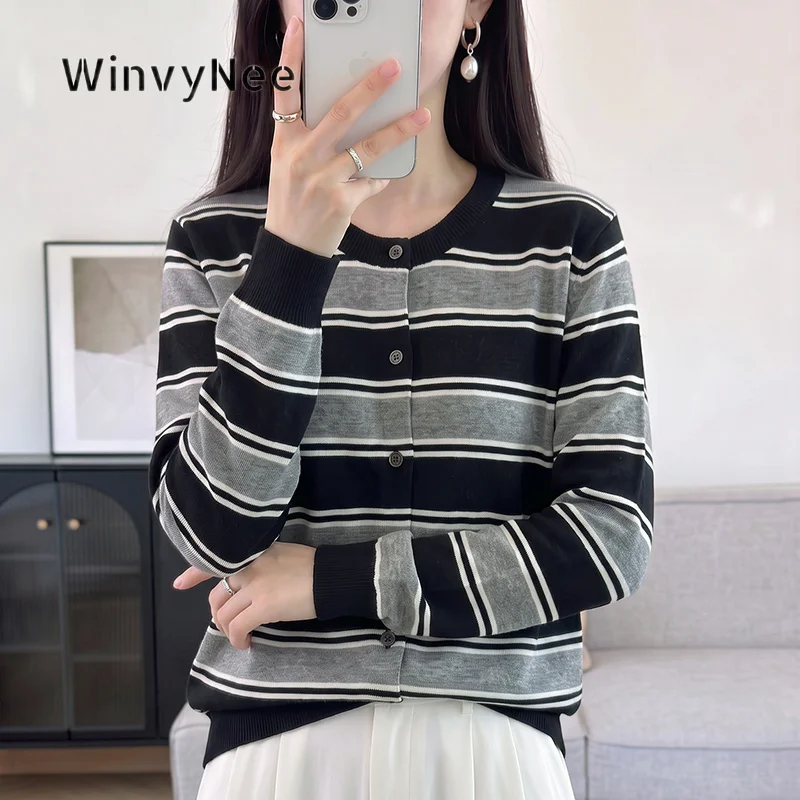 WinvyNee Women 100% Cotton Striped Knit Cardigan Round Neck Long Sleeve Knitted Top Spring Autumn Soft Touch Slim Base ZB1002069