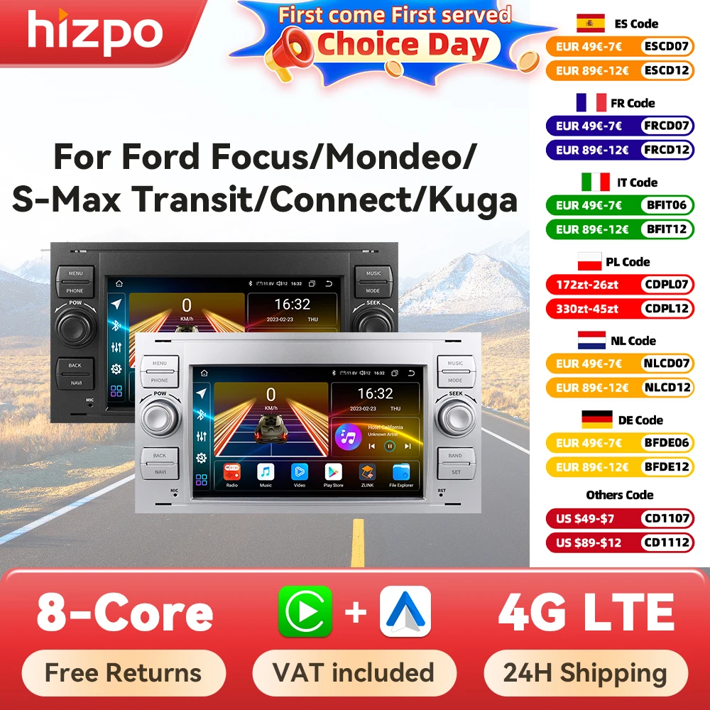 Hizpo Smart Car Systems for Ford Focus Mondeo Fiesta Transit Kuga C-Max S-Max Galaxy GPS Multimedia 2din Autoradio Carplay 7862S