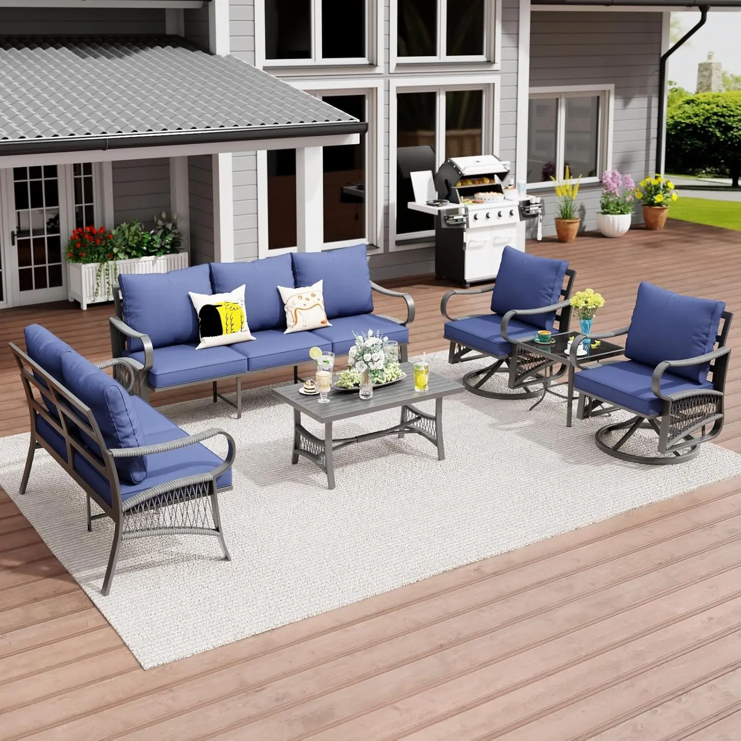 

6 Piece Patio Furniture Set, 2 Single Swivel Chairs, Rope Braided Exposed with Thick Cushions, Outdoor All Weather, Customized