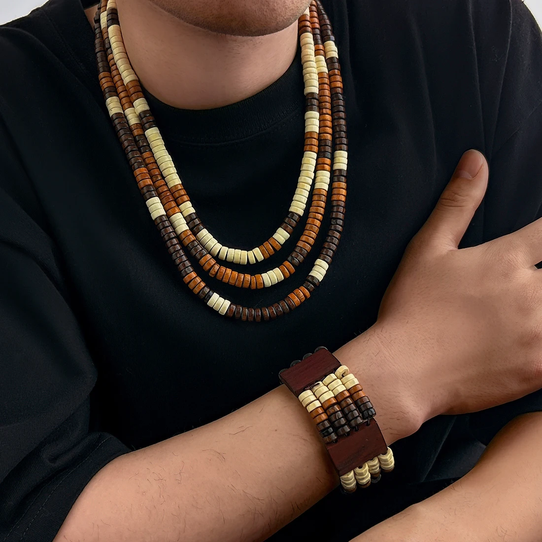 

Salircon 3Pcs/set Wooden Bead Rope Chain Surfer Necklace for Men Boho Vintage Elastic Bracelets Summer Jewelry Set Gift