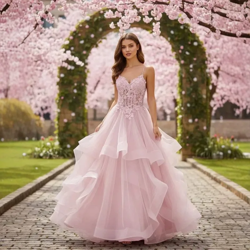 European Style V Neck Thin Strap Tulle Ball Gown Long Dress With Lace Details Custom Made For Garden Banquet And Photo Session