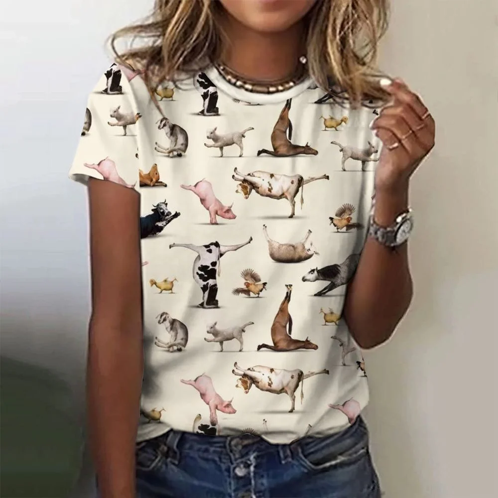 Cartoon Animal Print Women\'s T-Shirts Fashion Top Short Pullover Sleeved O-Neck Tee Shirt Female Harajuk Polyester Clothing 2024