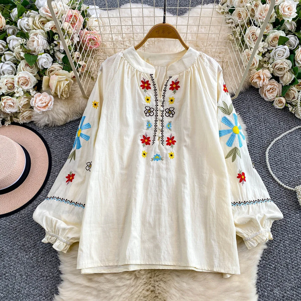 

2025 Holiday Bohemian Floral Embroidery Shirt Autumn Stand Collar Puff Sleeve Women's Shirt Blouse Casual Loose Beach Top