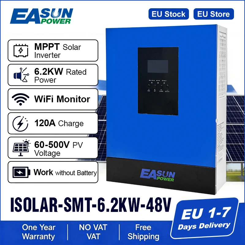 EASUN 6,5KW Grid Tie Solar Inverter 9000W-MPPT 120A 500VDC PV Ingang 220VAC 48VDC Zuivere Sinusgolf Hybride Met WiFi Parallel BMS
