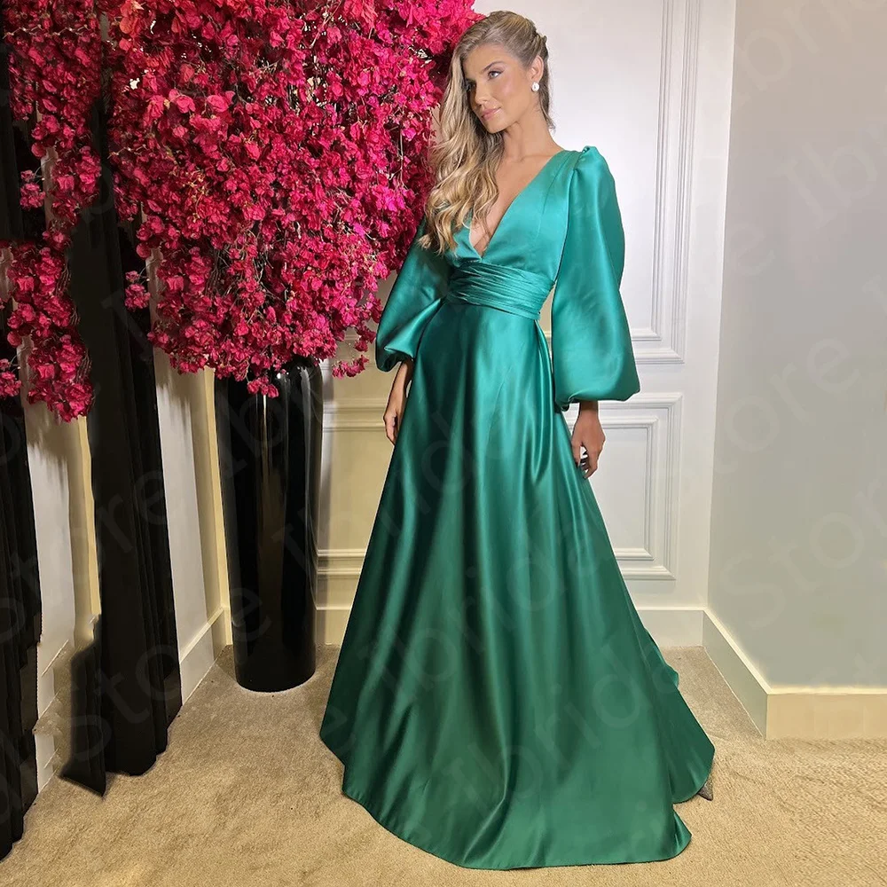 

Modern Simple Turquoise Prom Party Dresses V Neckline Evening Dress Long Sleeves Wedding Gowns Open Back On Sale