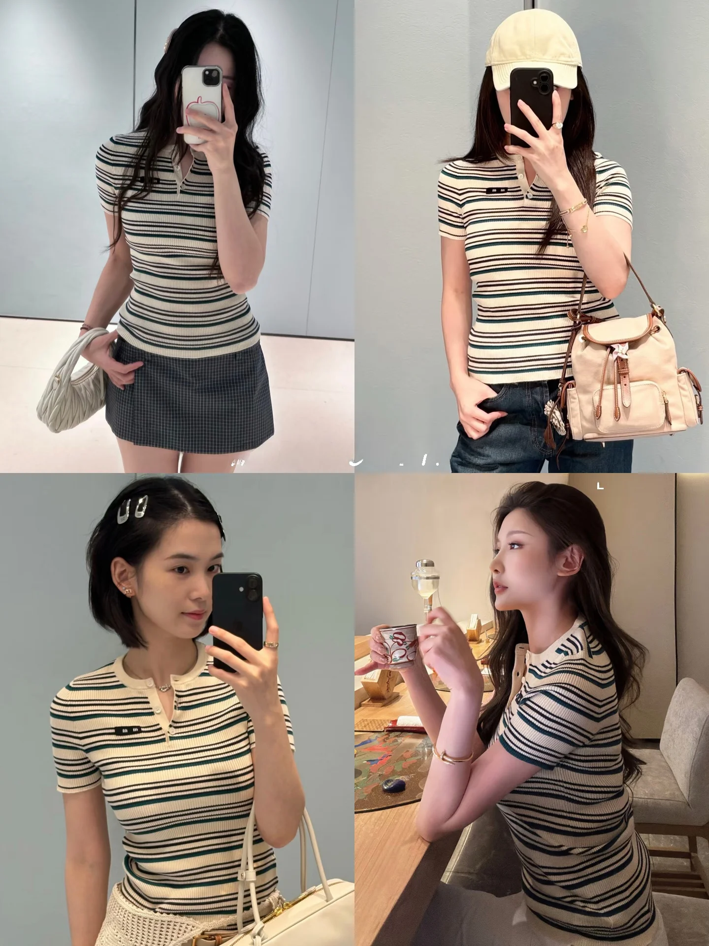 

MUAUU GIRL Embroidered Knit Patch Stripe Slim Fit Short Sleeve Top Ageless Casual Spring Cotton Blend round Neck Tee