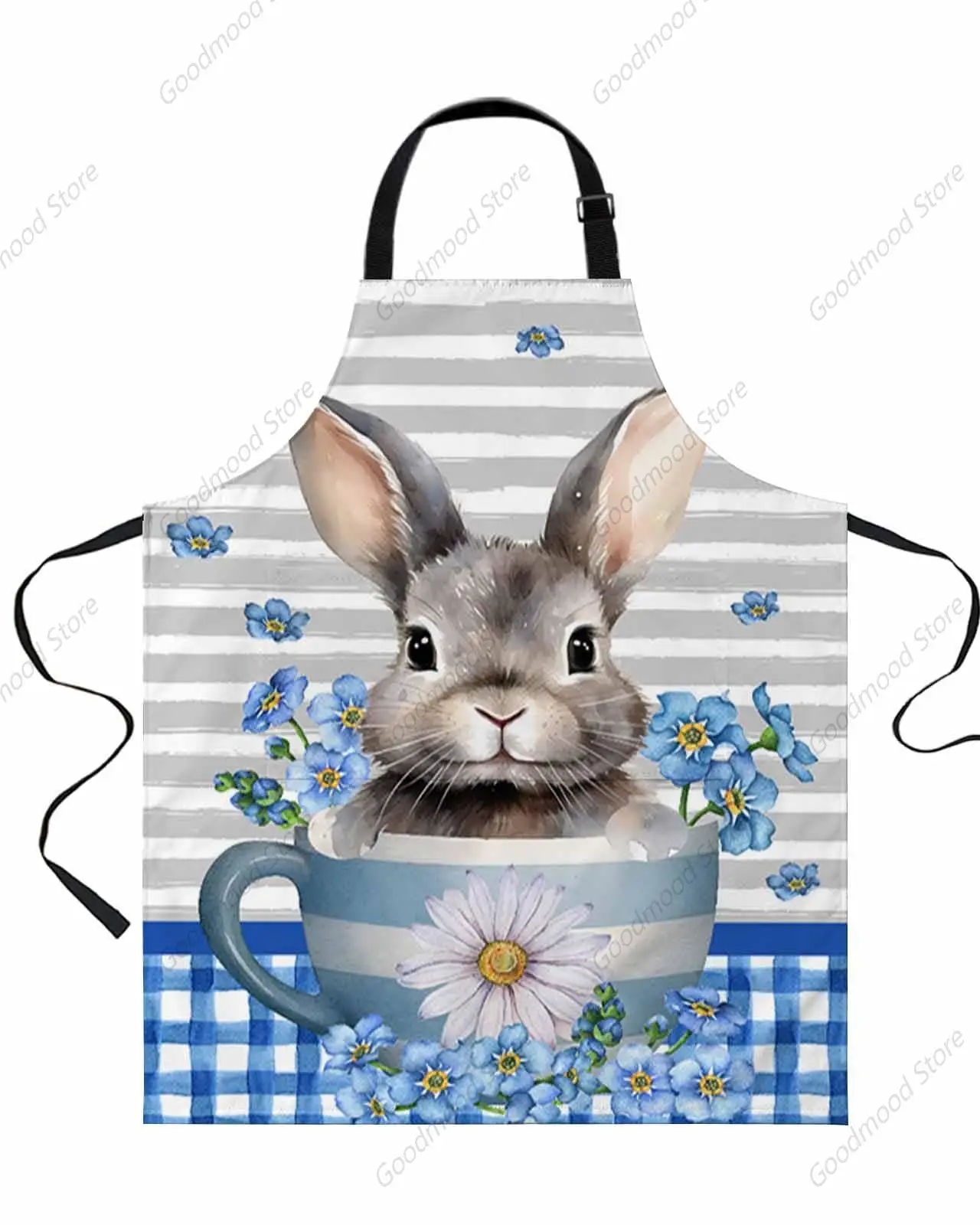 Blue Bunny Easter Kitchen Aprons with Pockets Waterproof,Striped Adjustable Bib Chef Aprons for Cooking